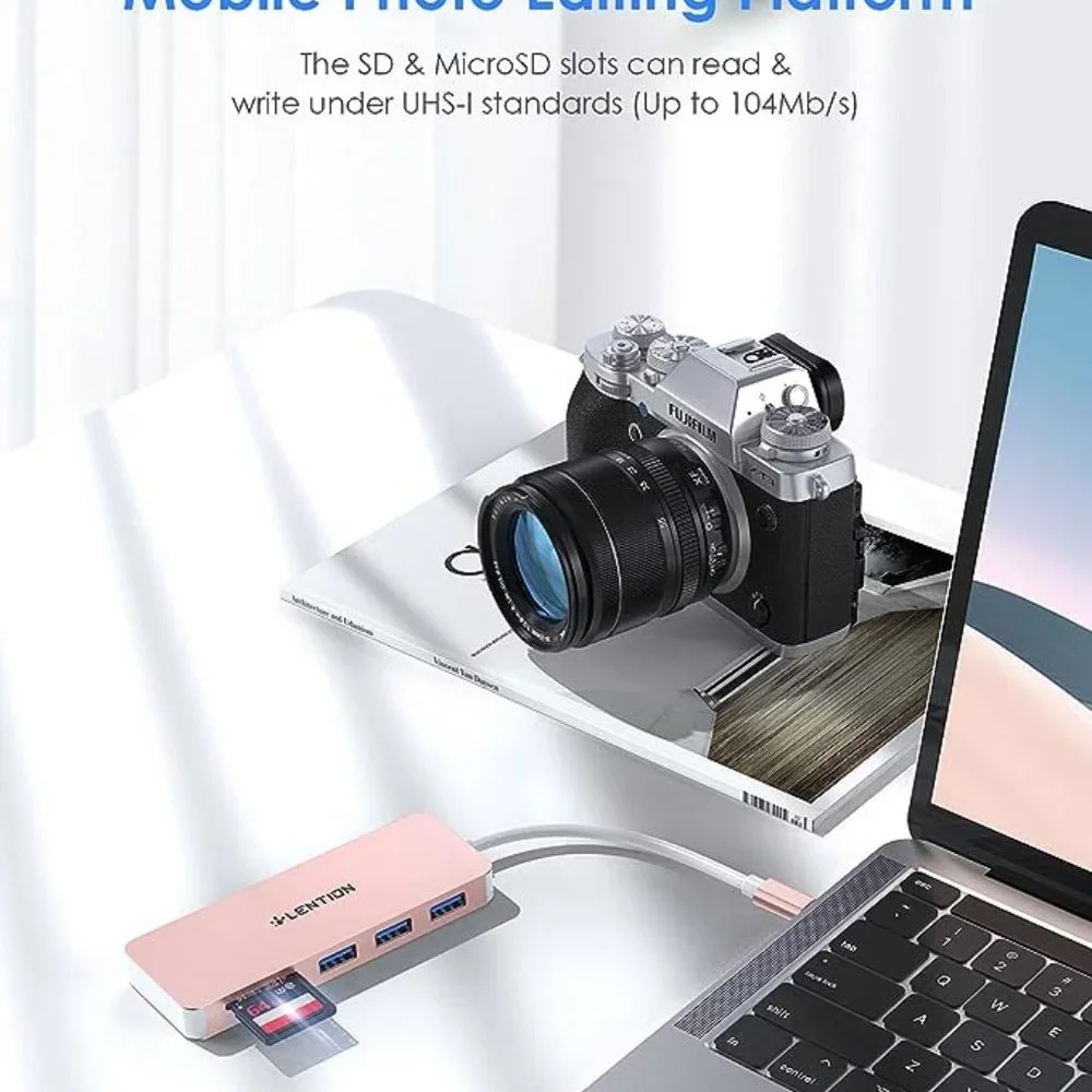 LENTION USB C Hub with 3 USB 3.0 & SD/Micro SD Card Reader Type C Adapter ( Rose